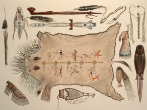 "Indian utensils and arms". Illustration by Karl Bodmer from the publication Travels in the Interior of North America, around 1841.