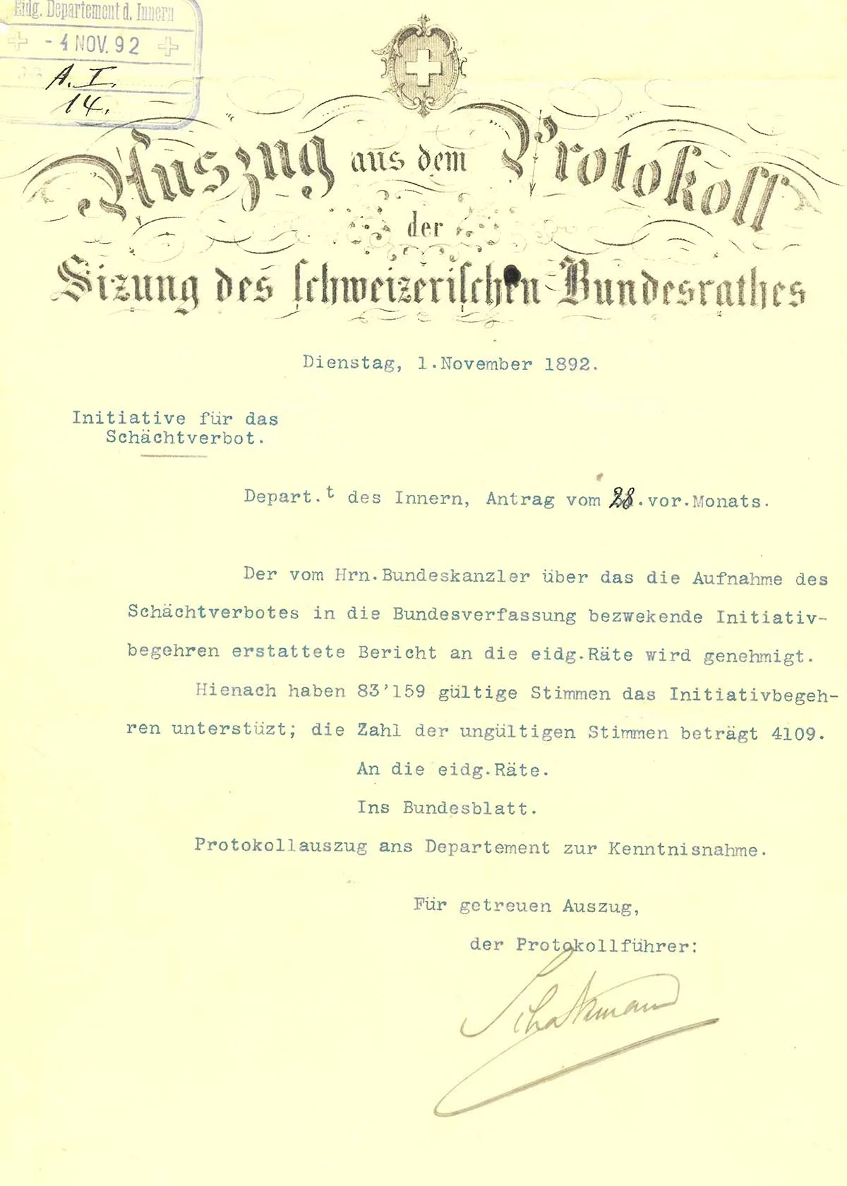 Mit fast 90'000 eingereichten und gut 83'000 gültigen Unterschriften kam die erste Volksinitiative der Schweiz zustande.