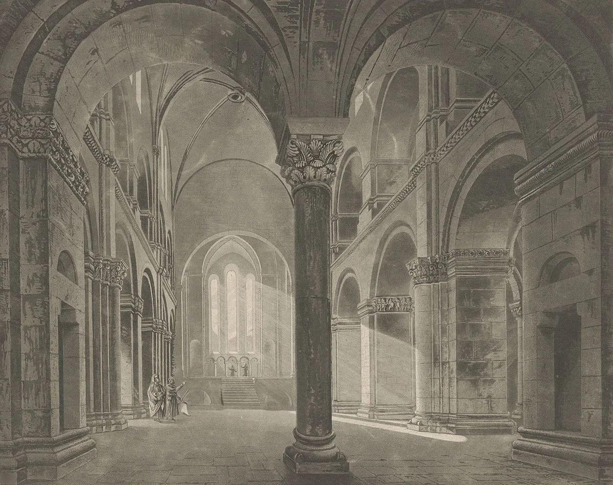 Blick ins Innere des Zürcher Grossmünsters. Druckgrafik von 1841.
