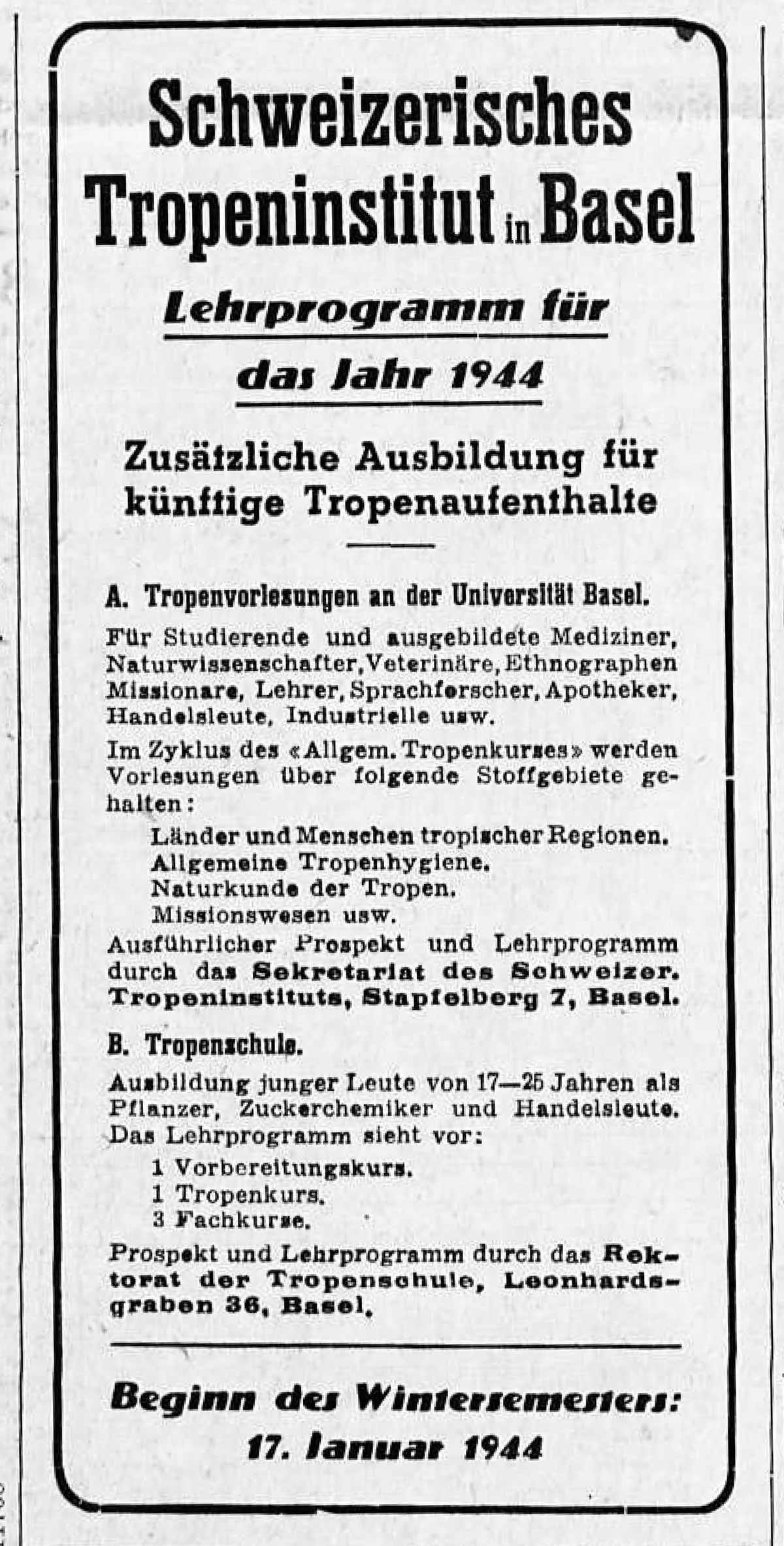 Annonce faisant la promotion de la formation dispensée à l’institut tropical de Bâle dans le journal Die Tat, décembre 1943.