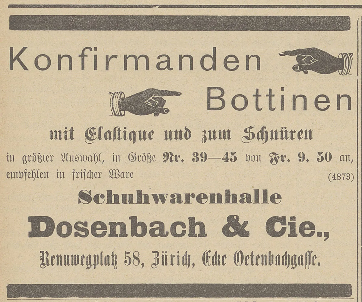 Dosenbachinserat aus der Zürcherischen Freitagszeitung, März 1896.