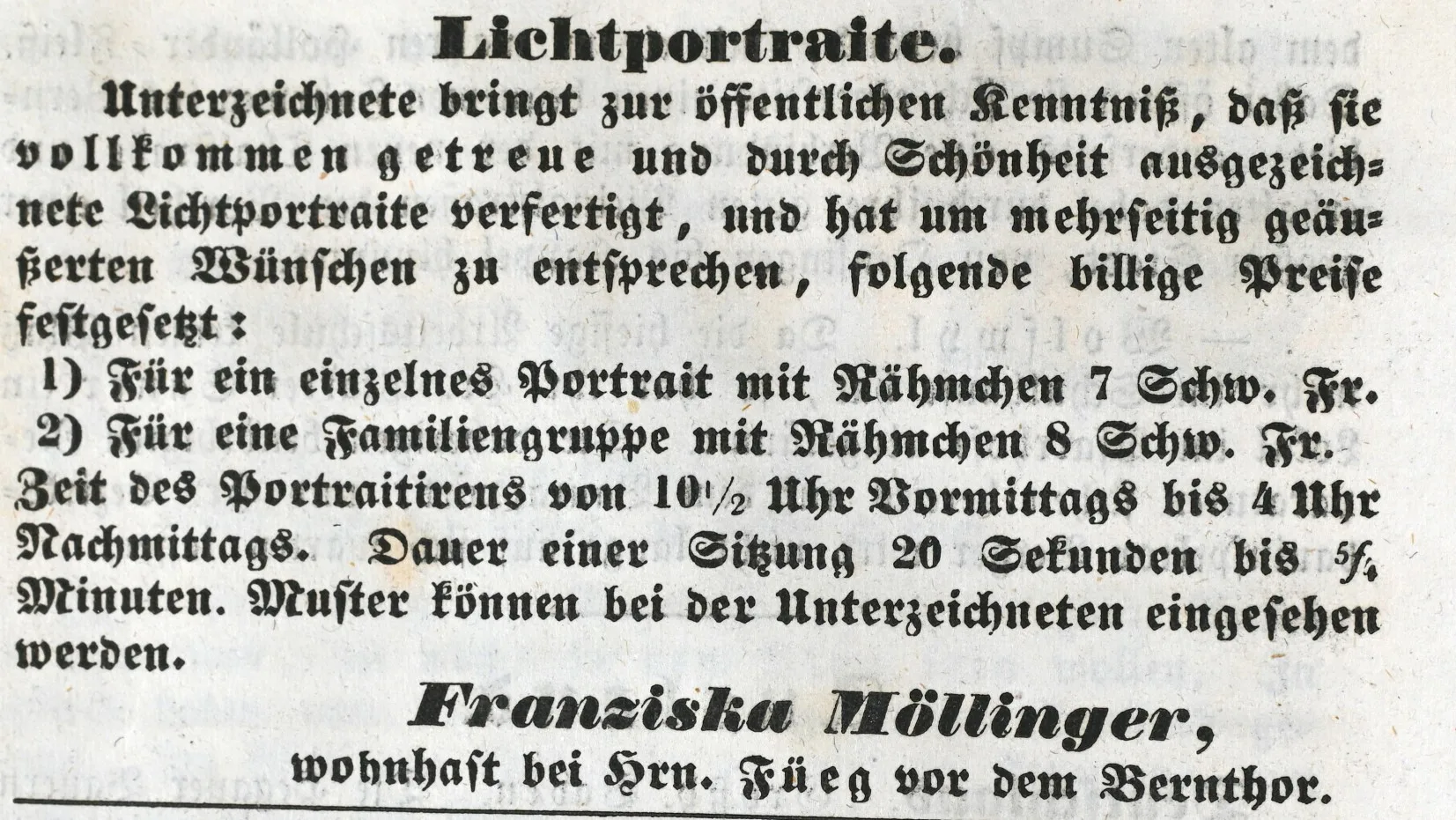 Inserat von Franziska Möllinger im Solothurner Blatt vom 8. April 1843.