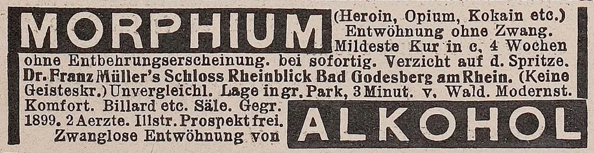 Morphium war im 19. und Anfangs des 20. Jahrhunderts weit verbreitet. Inserat in der Zeitschrift «Jugend», Wochenschrift für Kunst und Leben, 1906.