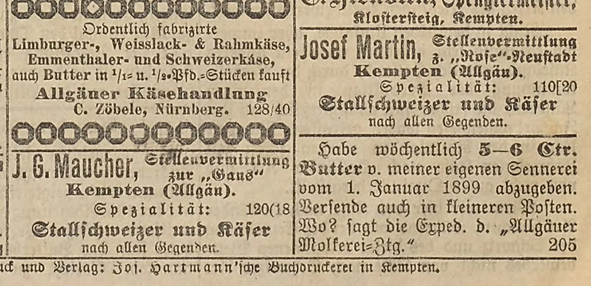 «Schweizer» oder «Stallschweizer» gehörten Ende des 19. und Anfang des 20. Jahrhunderts zu gesuchten Leuten in Deutschland. Wie hier in der Allgäuer Molkereizeitung von 1898.