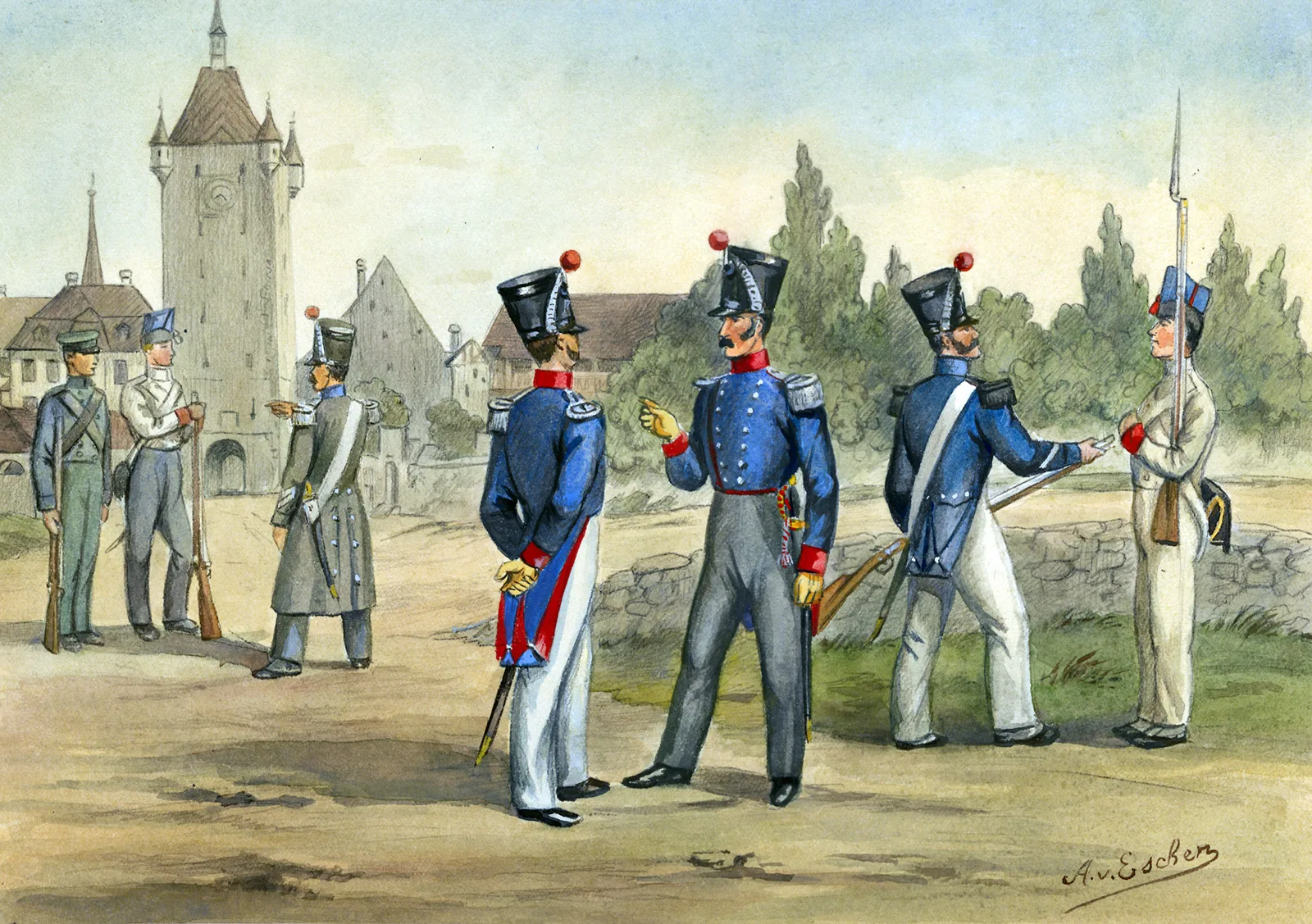 Instruktoren bei der Ausbildung von Infanterie-Rekruten, um 1830.