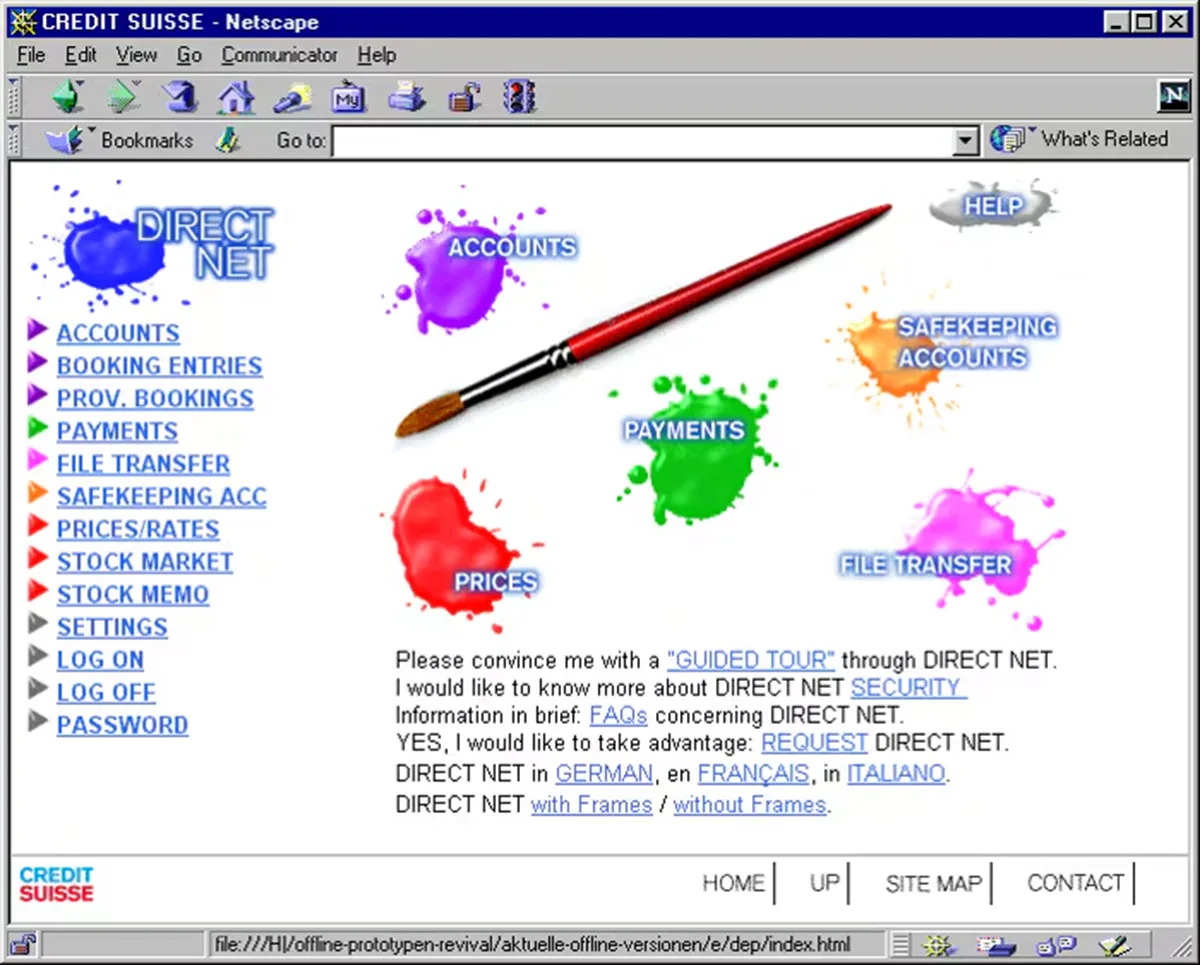 Direct Net’, Switzerland’s first online banking platform, went online in April 1997. Screenshot of the homepage.