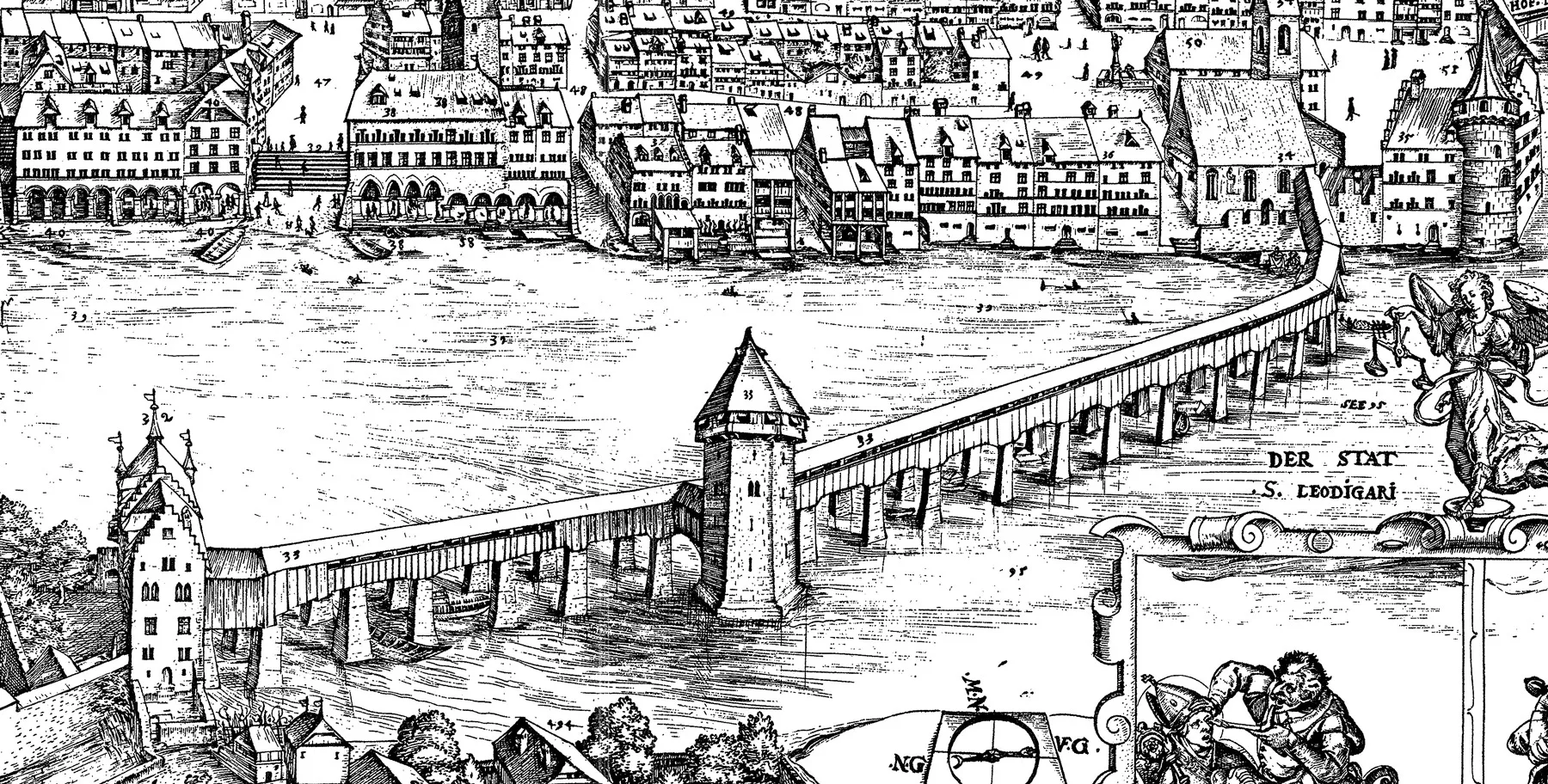 In Luzern ritten die Exilierten über die Kappellbrücke. Ó Cianáin merkte an: «[Wir] überquerten den Rhein bei einer sehr langen Brücke, welche über die ganze Länge hinweg mit einem vortrefflichen Dach versehen war ...»