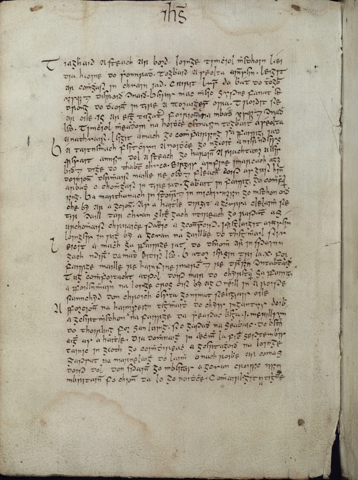 Tadhg Óg Ó Cianáin († 1610) gehörte einer angesehenen gälischen Familie aus Ulster an und diente dem Grafen von Tyrone Hugh O’Neill als Historiker und Schreiber. Die einzige erhaltene Kopie seines Reisetagebuchs, das rund 140 Seiten und 38’000 Wörter lang ist, wird in der University College Dublin aufbewahrt. Abgebildet mit der freundlichen Erlaubnis von UCD-OFM Partnership.