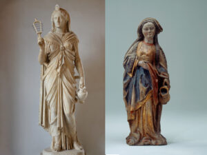 Isis (links) und die Heilige Verena (rechts). Isis: römische Statue aus dem 1. Jhd. vor Christus, Verena: Skulptur aus dem späten 15. Jahrhundert.