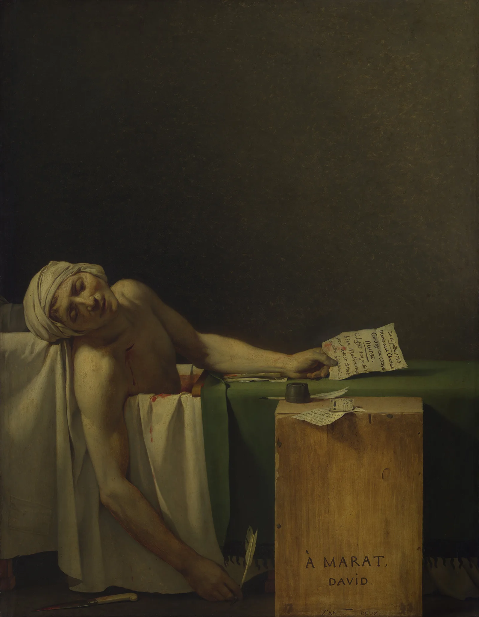 Der ermordete Marat im bekannten Gemälde von Jacques-Louis David (1748-1825).