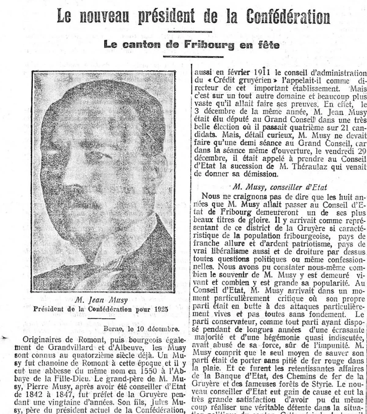 Ende 1924 wurde Jean-Marie Musy zum Bundespräsidenten für das folgende Jahr gewählt. Frontseite des Journal du Jura vom 11. Dezember 1924.