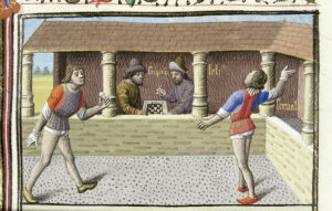 Darstellung eines mittelalterlichen Ballspiels in einer französischen Handschrift aus dem 14. Jahrhundert. Im Hintergrund wird Schach gespielt.