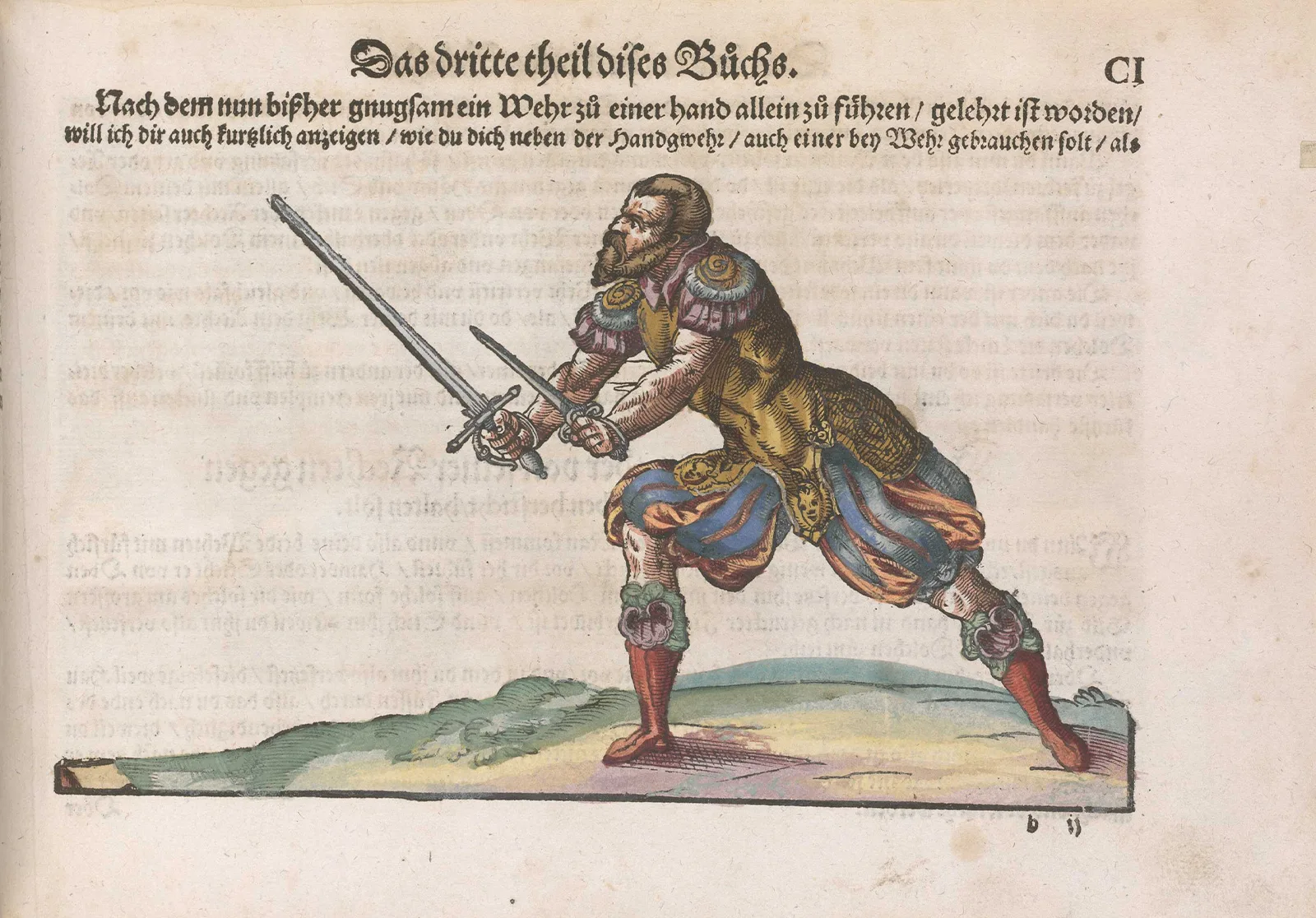 Kolorierte Seite aus Meyers Lehrbuch. Strassburg, 1570.