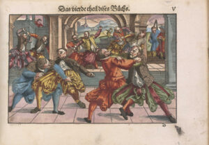 Page colorée de l’ouvrage de Joachim Meyer, Strasbourg, 1570.