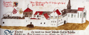 Die Johanniterkommende Bubikon ca. 1530 mit dem alten Wappen der Freiherren von Toggenburg. Die Zeichnung wird Johannes Stumpf zugeschrieben, um 1530.