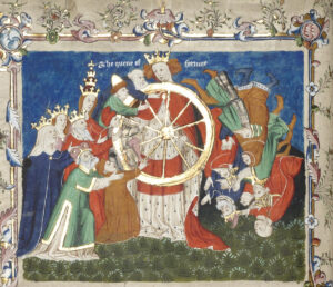 Illustration aus John Lydgate, The quene [queen] of Fortune – die Glücksgöttin, eine moralisierende Erzählung über Troja, entstanden 1412 bis 1420.