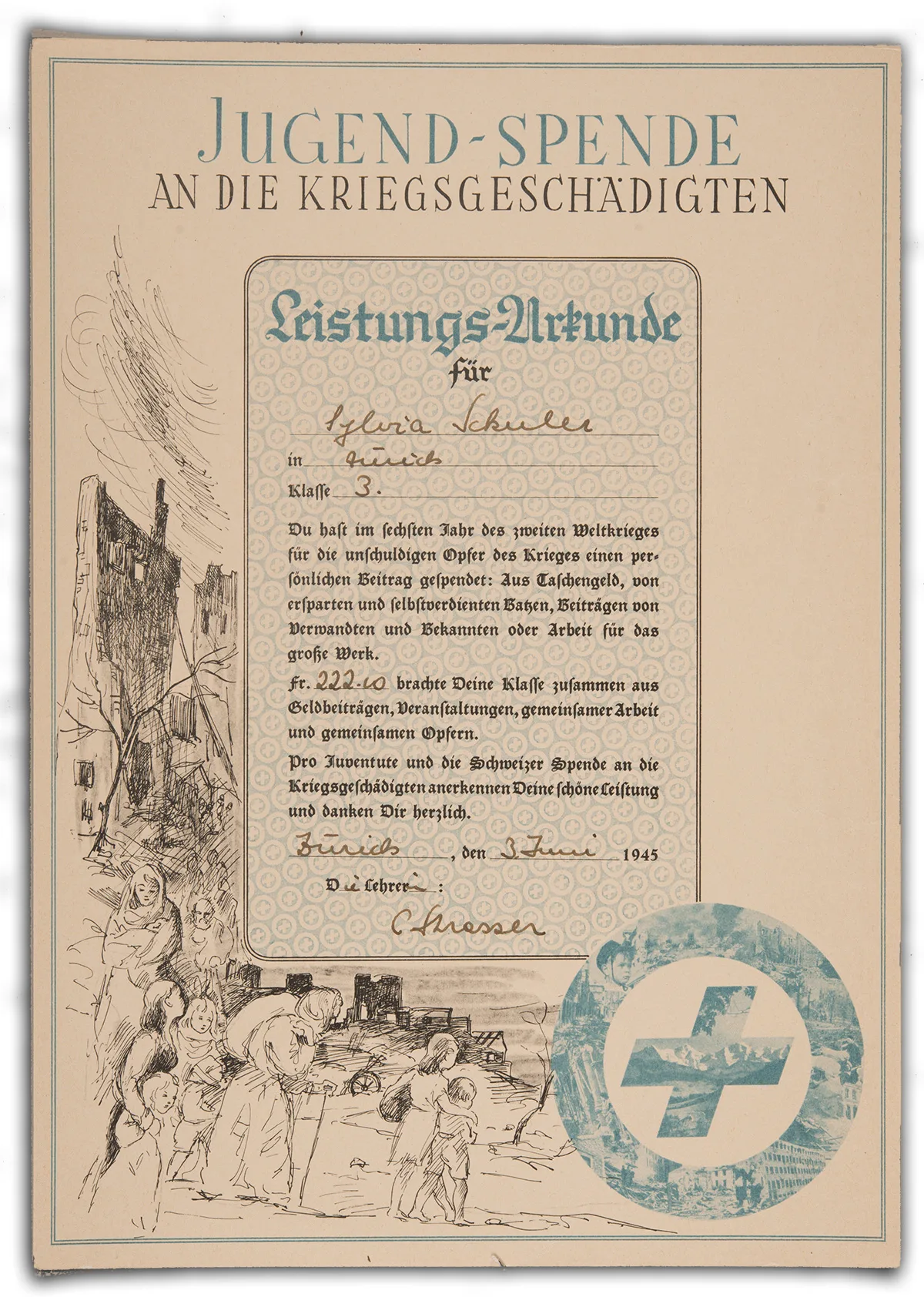 Urkunde für die Jugend-Spende für Kriegsgeschädigte, 3. Juni 1945.