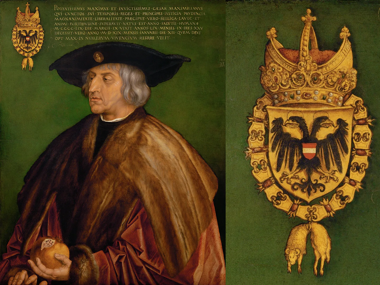 Kaiser Maximilian I., 1519, gemalt von Albrecht Dürer. Rechts das vergrössere Wappen.