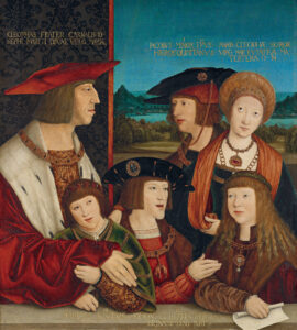 Empereur Maximilien Ier avec sa femme Marie de Bourgogne, son fils Philippe le Beau et ses petits-fils Ferdinand I, Charles V et son gendre Louis II.