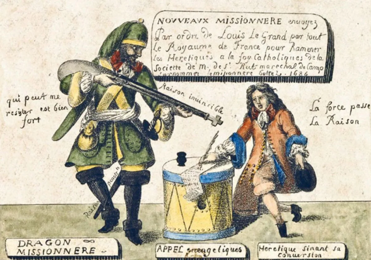 Protestantische Darstellung des Konflikts zwischen dem Truppen des Königs und den Hugenotten, 1686.