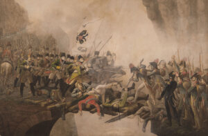 Kampf auf der Teufelsbrücke zwischen Truppen General Suworows und Franzosen. Anonym, um 1800.