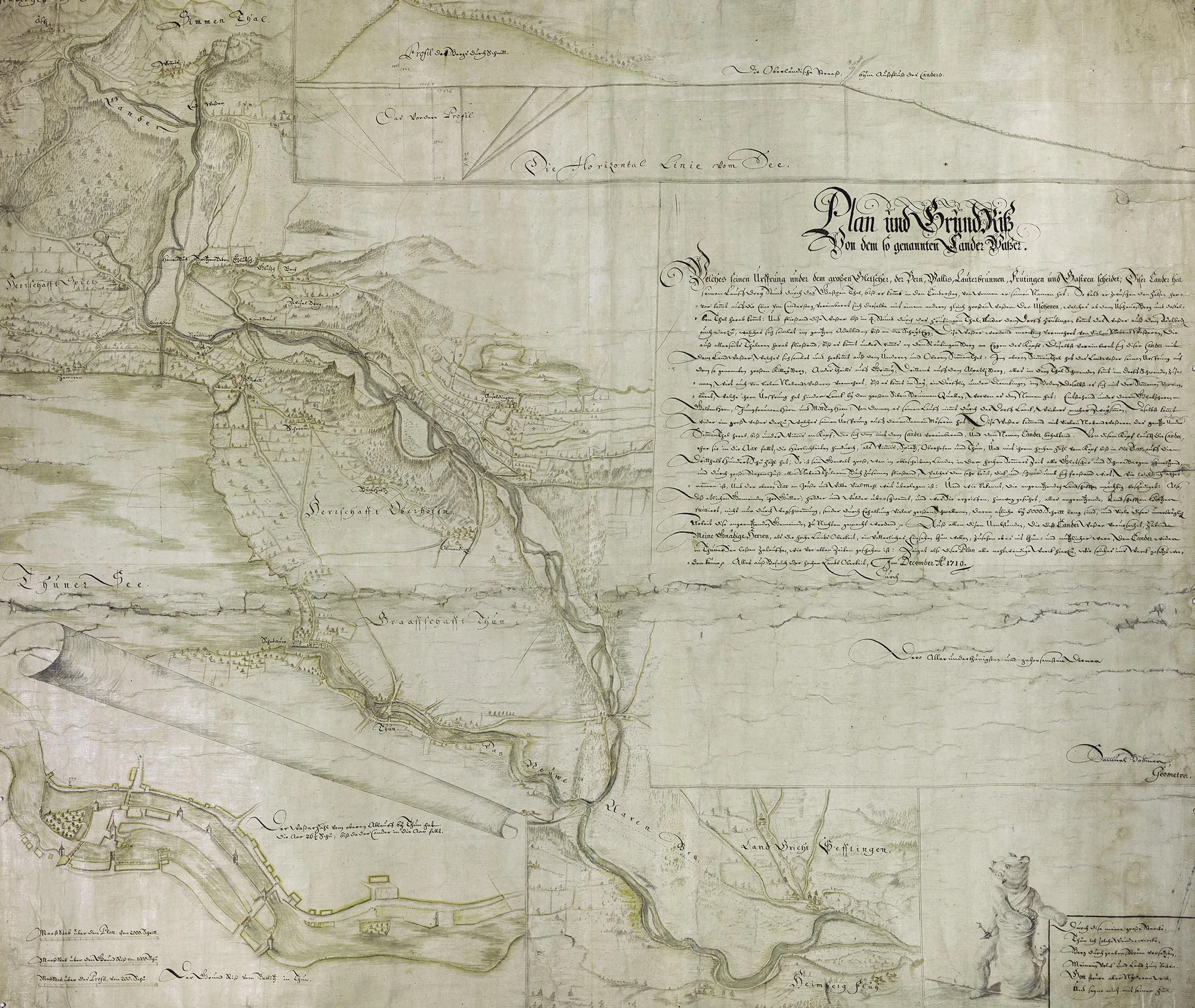 Samuel Bodmers «Plan und Grundriss von dem so genannten Cander Wasser». Der Durchstich ist oben links zu sehen, im unteren linken Bereich sind die Massnahmen in Thun eingezeichnet.