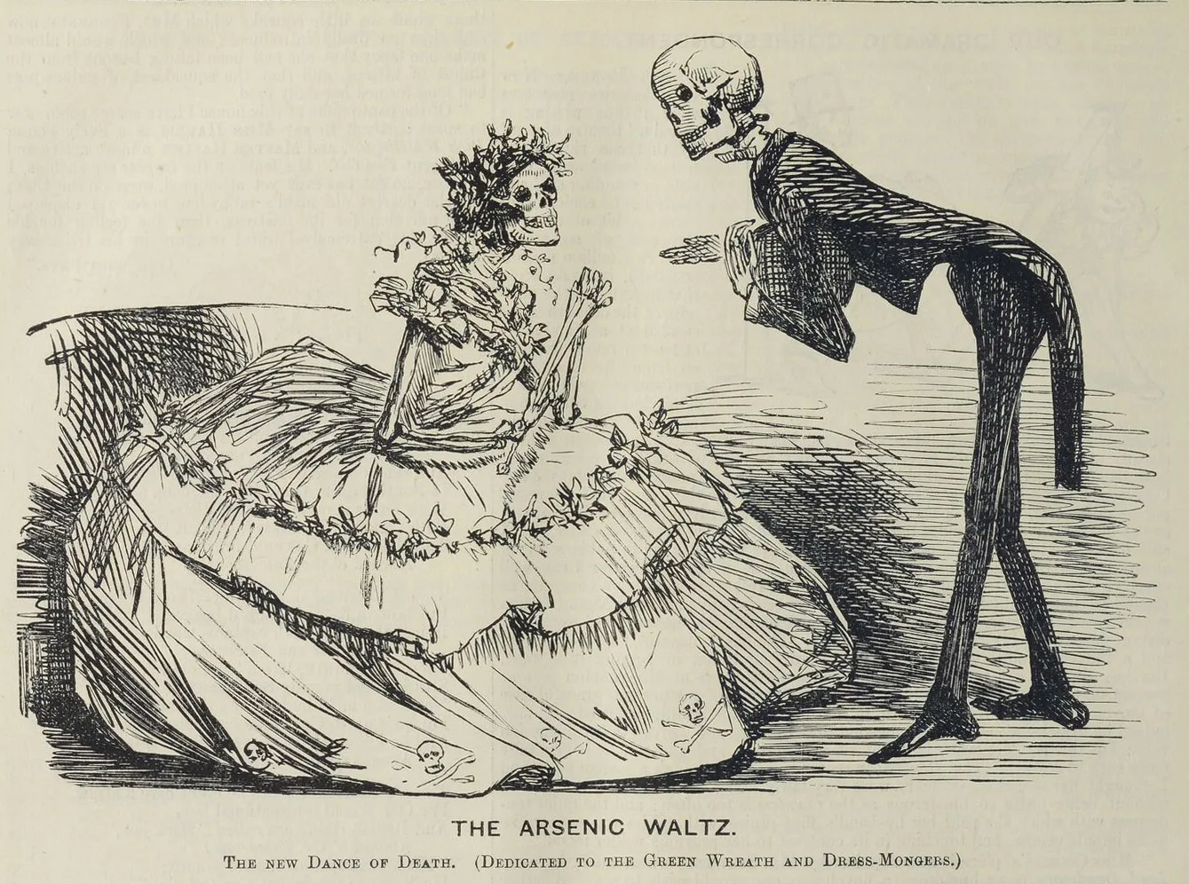«Gewidmet den Händlern von grünen Kränzen und Kleidern»: Das britische Satiremagazin Punch illustriert die Problematik mit den synthetischen Farbstoffen als Totentanz, 1862.