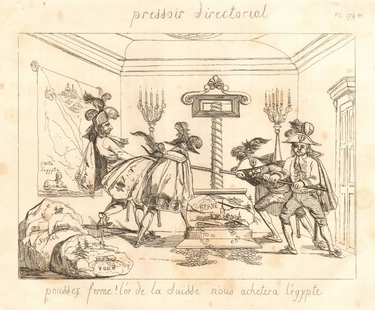 Karikatur der französischen Auspressung Berns, um die Finanzierung von Napoleons Ägyptenfeldzug zu sichern.