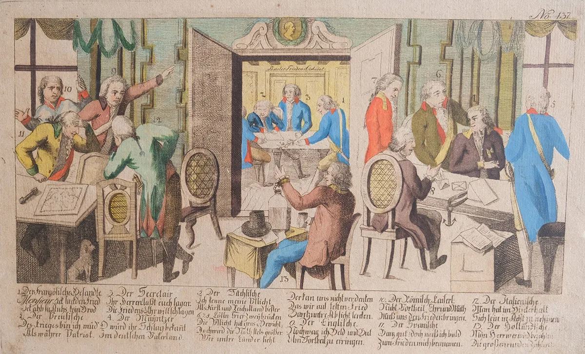 Zeitgenössische Karikatur: Der Holsteinerhof in Basel als diplomatischer Treffpunkt.