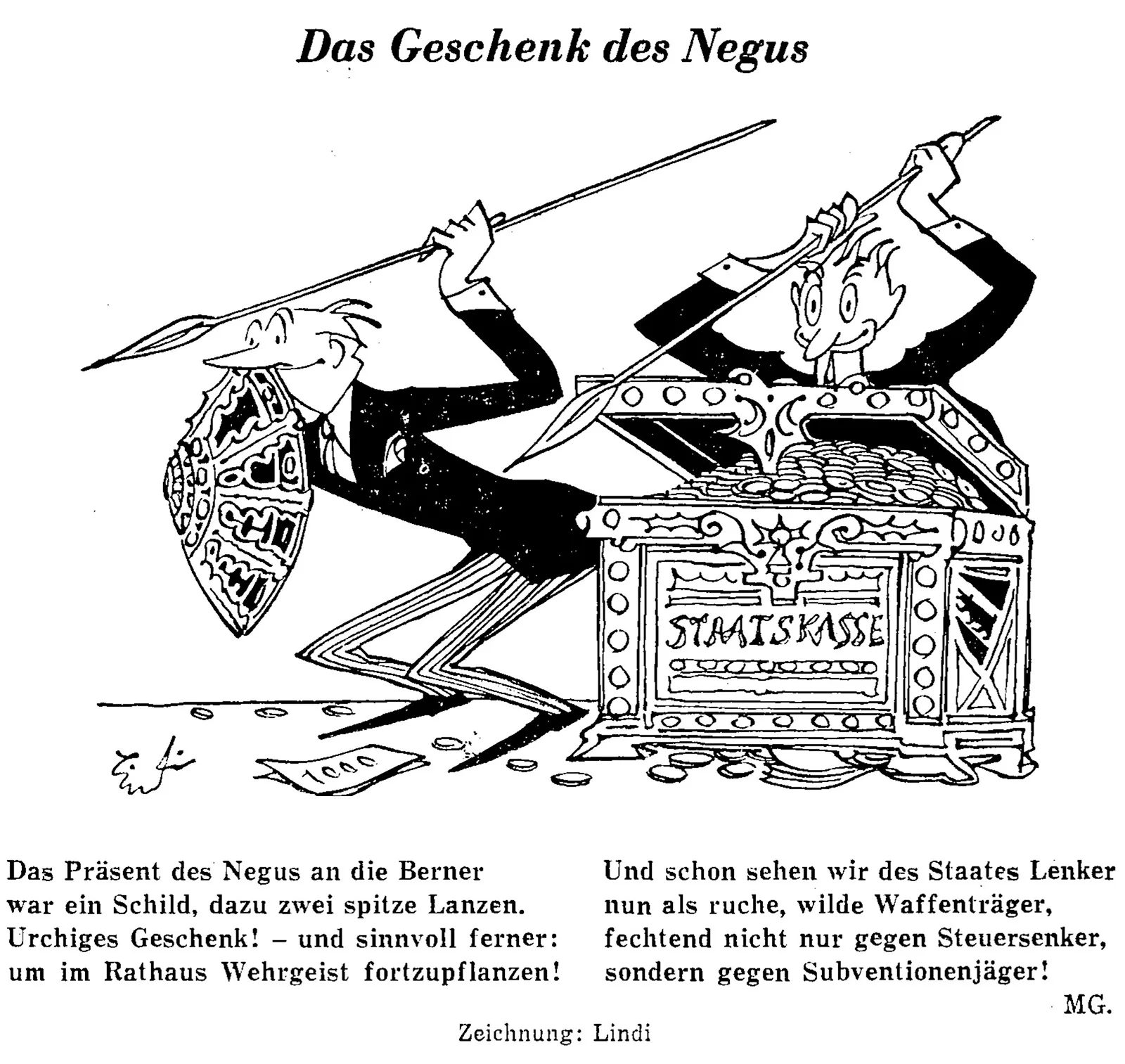 Ein gefundenes Fressen für die Medien: Die Karikatur von Lindi (Albert Lindegger) auf der Titelseite von «Der Bund» vom 5. Dezember 1954 thematisiert die Geschenke des Kaisers an die Stadt Bern.