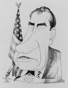 Karikatur von Richard Nixon, der versucht, dem amerikanischen Volk die Watergate-Affäre zu erklären.