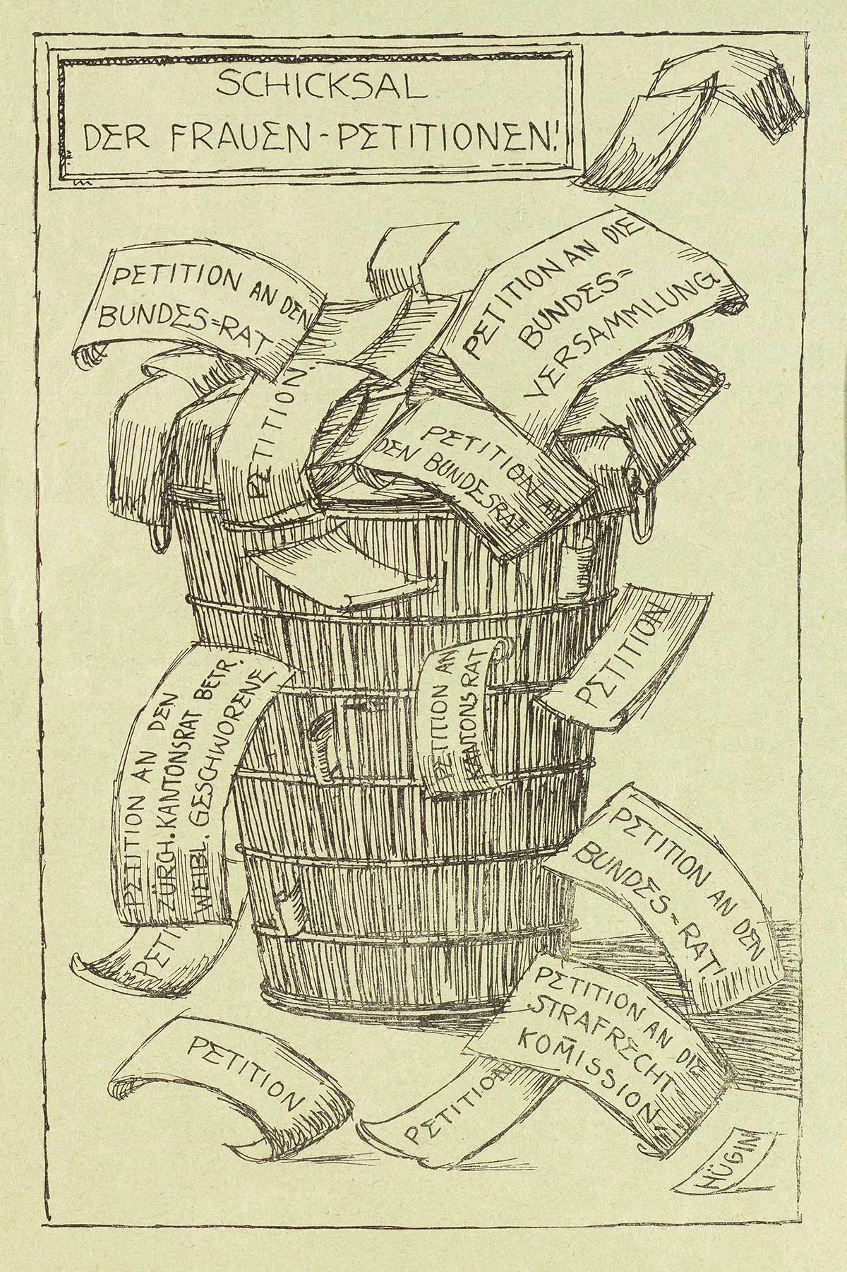 Karikatur zu den Frauen-Petitionen in: Xanthippe, Organ der Stimmlosen, Zürich, 1910.