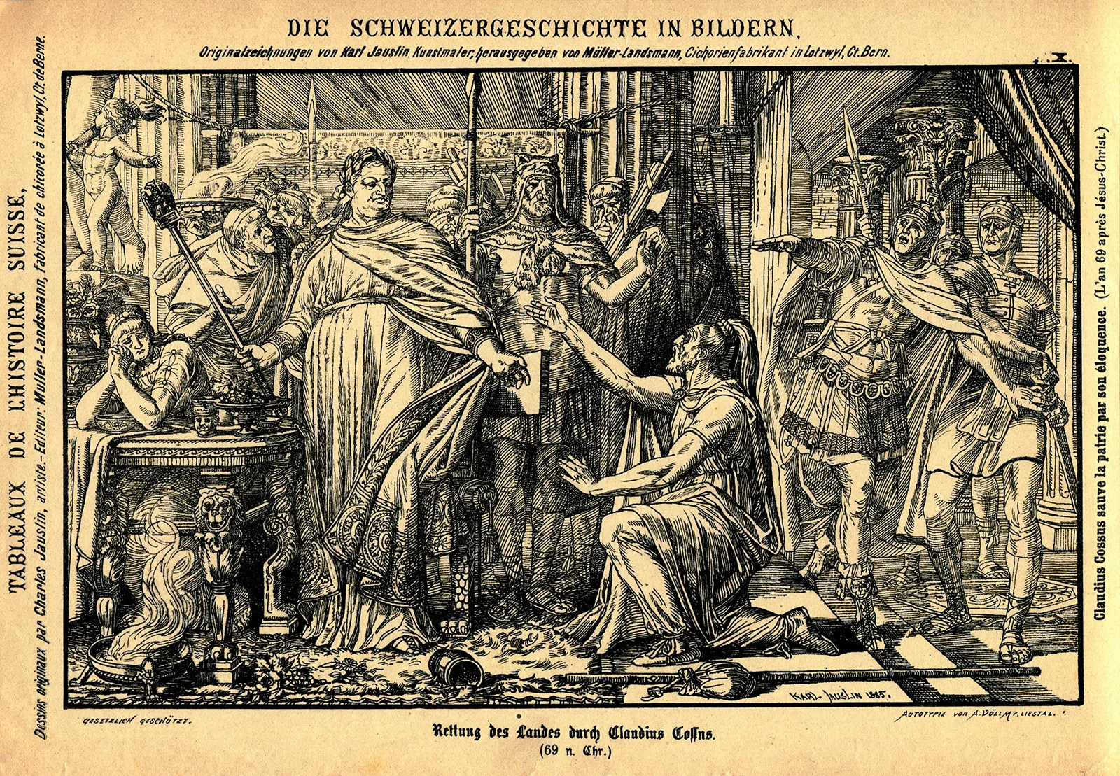 «Rettung des Landes durch Claudius Cossus». Druck von Karl Jauslin (1842-1904) von 1885.