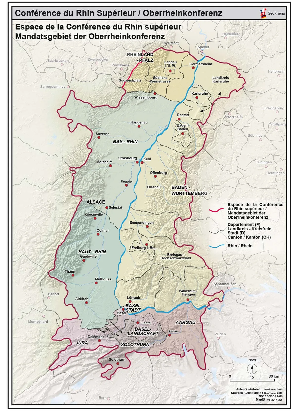 Karte mit Grenzverläufen zwischen Deutschland, Frankreich und der Schweiz.