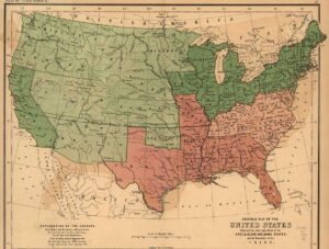 Historische Karte der Vereinigten Staaten, die die Staaten mit (rot) und ohne Sklaverei (grün) zeigt, 1856.