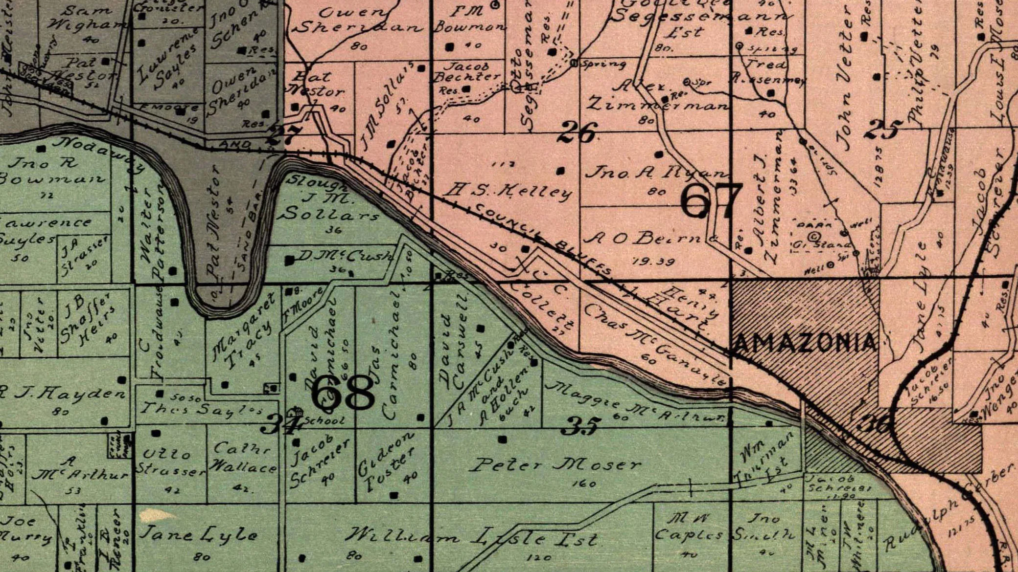 Detailansicht der Karte von 1897. Zu sehen sind Amazonia und das Grundstück von Peter Moser.