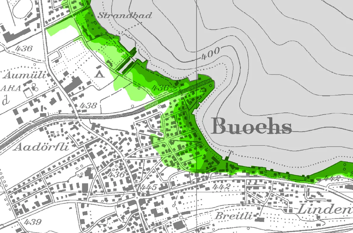 Bei einem Tsunami steht Buochs unter Wasser. Je dunkler das Grün, desto grösser die Intensität der Flutwelle.