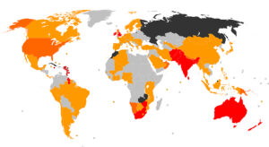 Karte, auf der die Test-Cricket-Nationen rot eingefärbt sind.