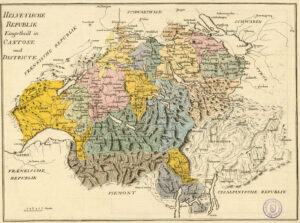 Karte der Helvetischen Republik und ihrer Kantone von 1799. Das Gebiet des heutigen Kantons Tessin ist damals in die beiden Kantone Bellinzona (gelb) und Lugano (blau) geteilt.