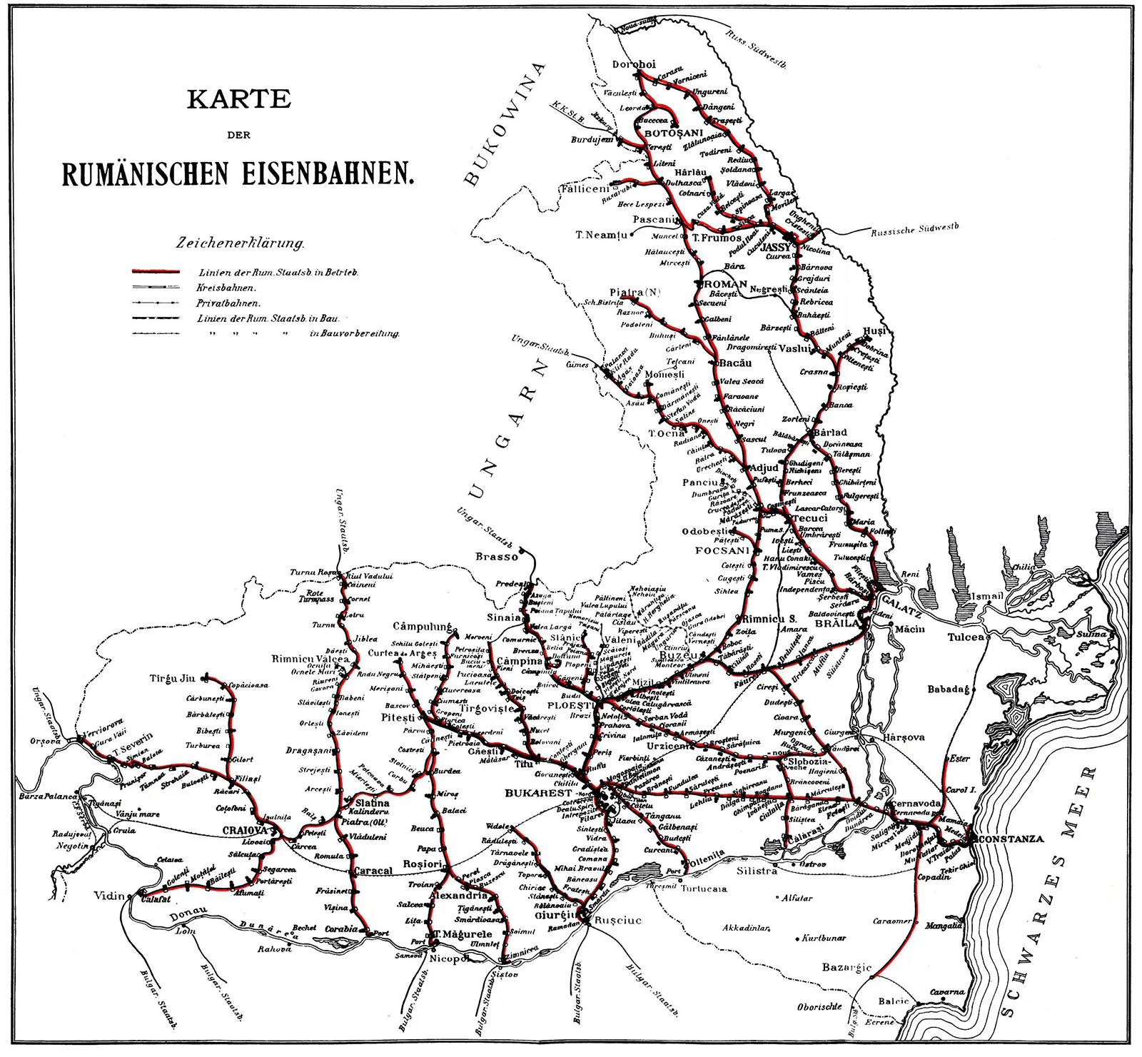 Karte der Rumänischen Eisenbahnen, 1912.