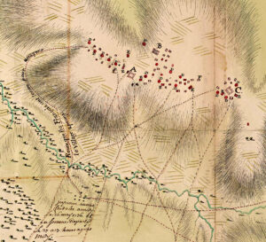 Map detailing the attack by Swiss mercenaries and French troops on the Chickasaw village. From the perspective of the attackers, the campaign was a failure; mercenaries from the Swiss regiment were among those who lost their lives.