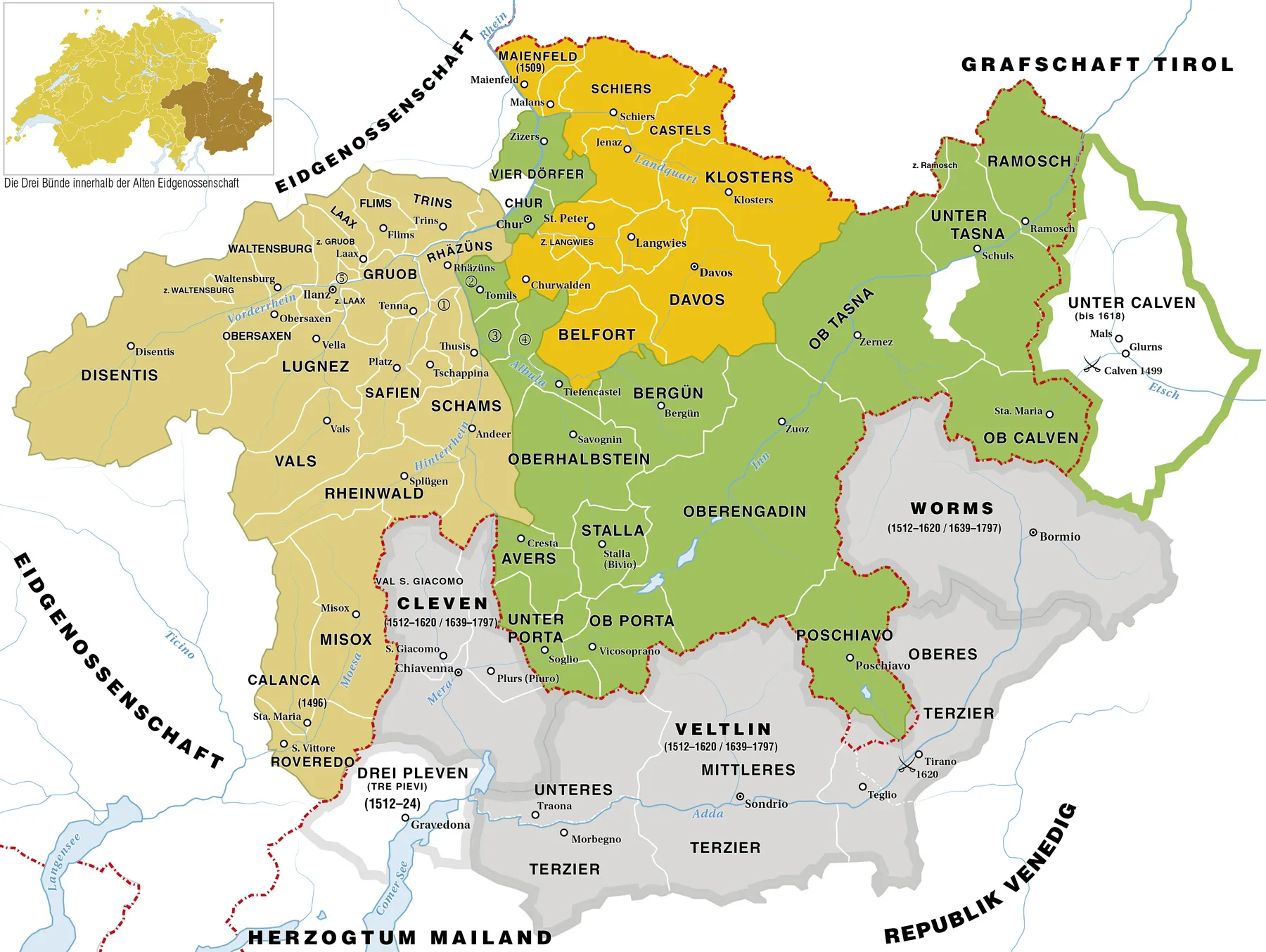 Der Freistaat der Drei Bünde bis 1797. Er bestand aus dem Grauen Bund (braun), dem Zehngerichtebund (orange), dem Gotteshausbund (grün) und ihren gemeinsamen Untertanengebieten (grau). Bis 1797 waren die Drei Bünde ein Zugewandter Ort der Alten Eidgenossenschaft und grenzten direkt an das Herzogtum Mailand, die Republik Venedig und die Grafschaft Tirol.