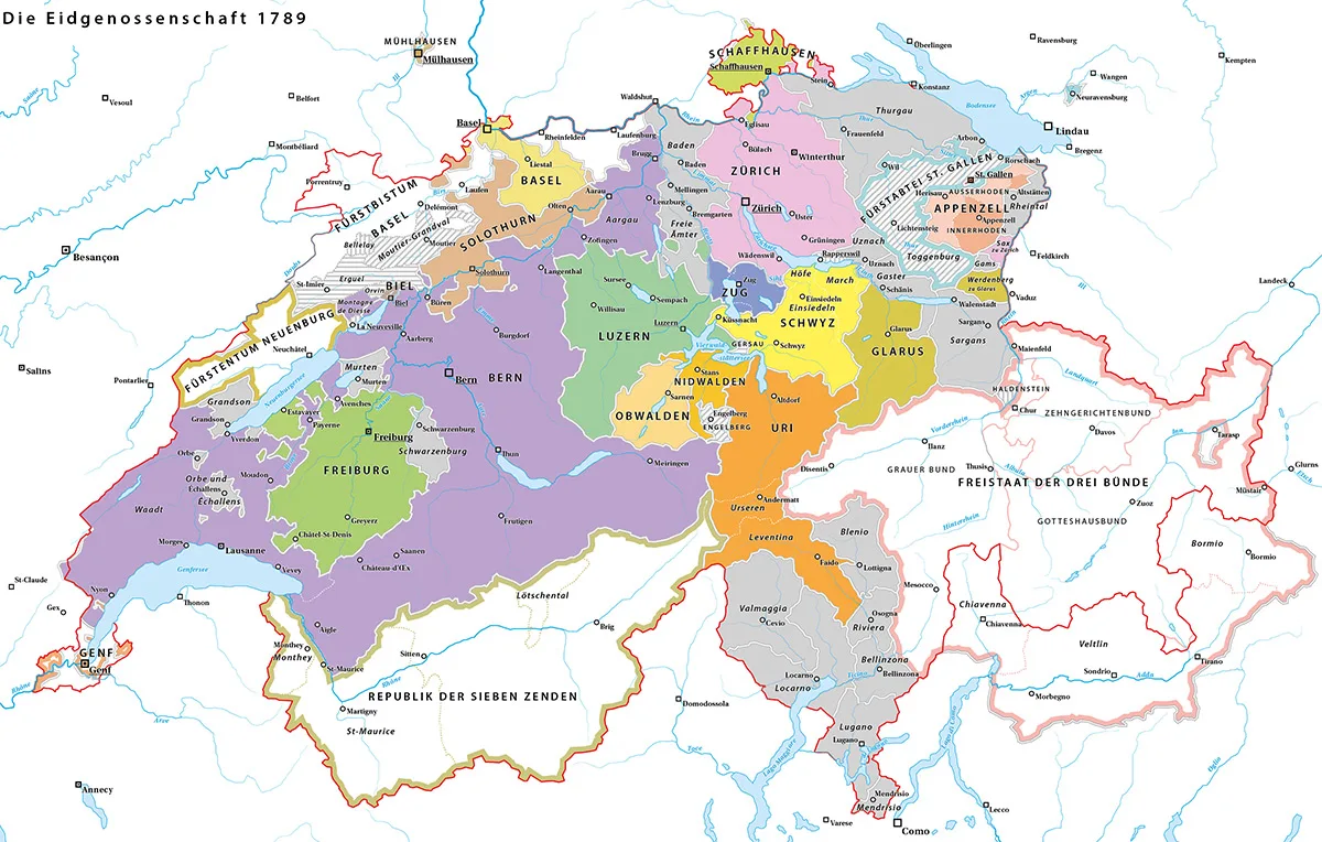 Karte der Eidgenossenschaft im Jahr 1789.