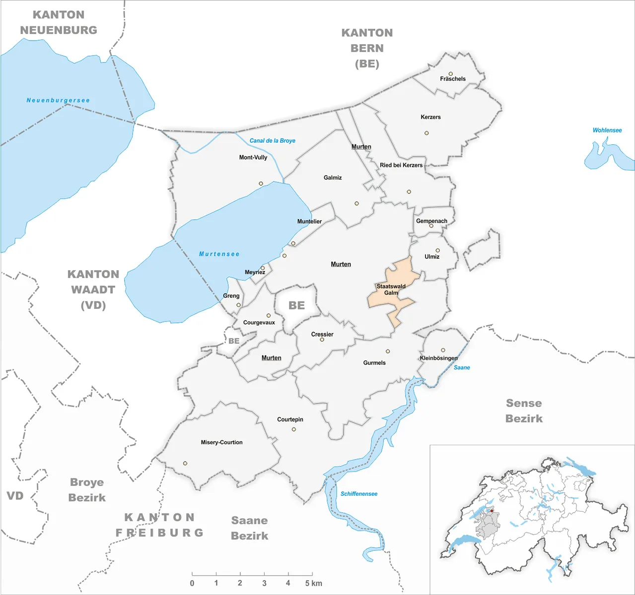 Lage des Staatswaldes Galm zwischen den Gemeinden Murten, Gurmels und Ulmitz.