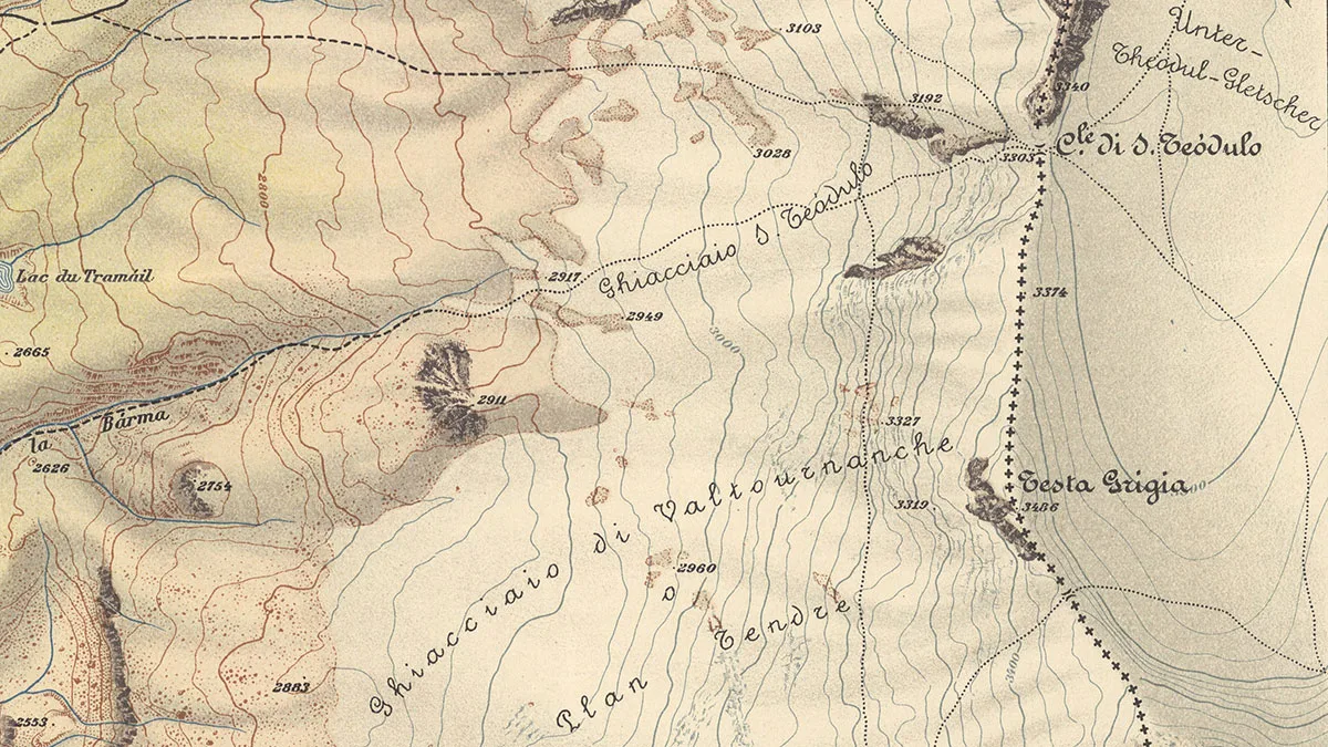 Der Wasserscheide entlang: die schweizerisch-italienische Landesgrenze in der italienischen Militärkarte in einem Massstab 1:20’000.