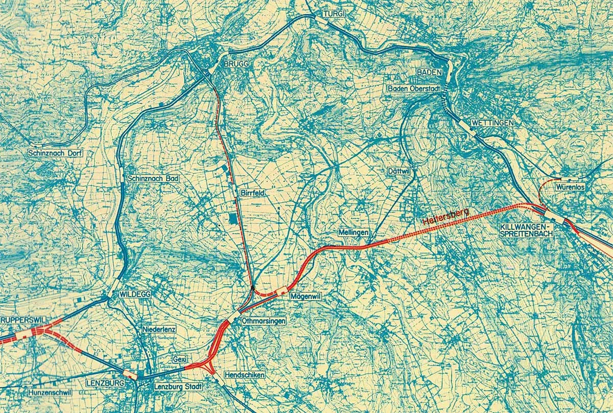 Die Heitersberglinie führt von Lenzburg nach Killwangen-Spreitenbach. Karte von 1975.