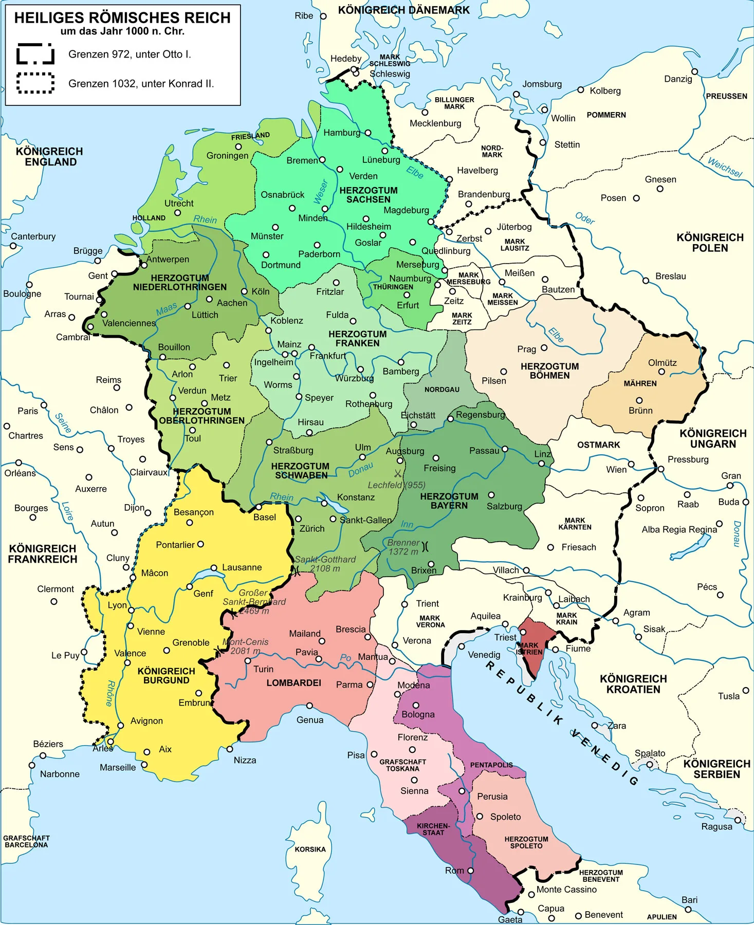 Die Ausbreitung des Heiligen Römischen Reiches um das Jahr 1000. Das Reich war eine dynastisch geprägte Wahlmonarchie. Mit der Kaiserkrönung durch den Papst erlangte der gewählte König auch die Kaiserwürde.
