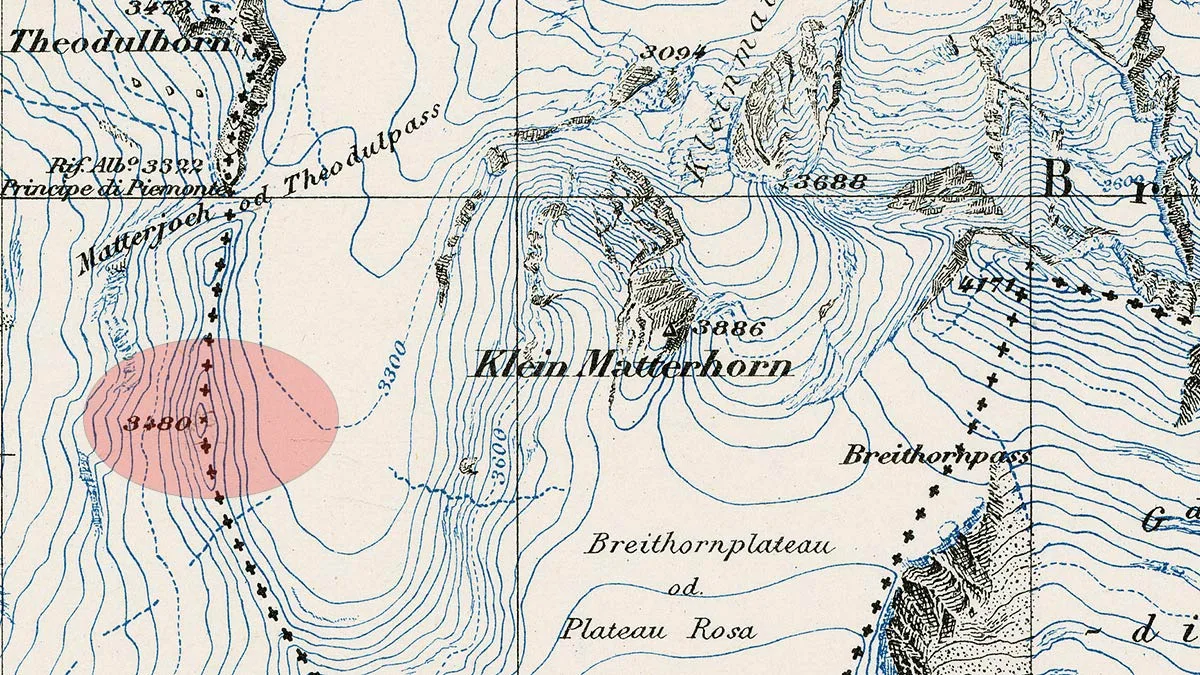 Damals noch ohne Eintrag in der Karte: Bei der Höhenkote 3480 (rosa Ellipse) befand sich die Felskuppe Testa Grigia.