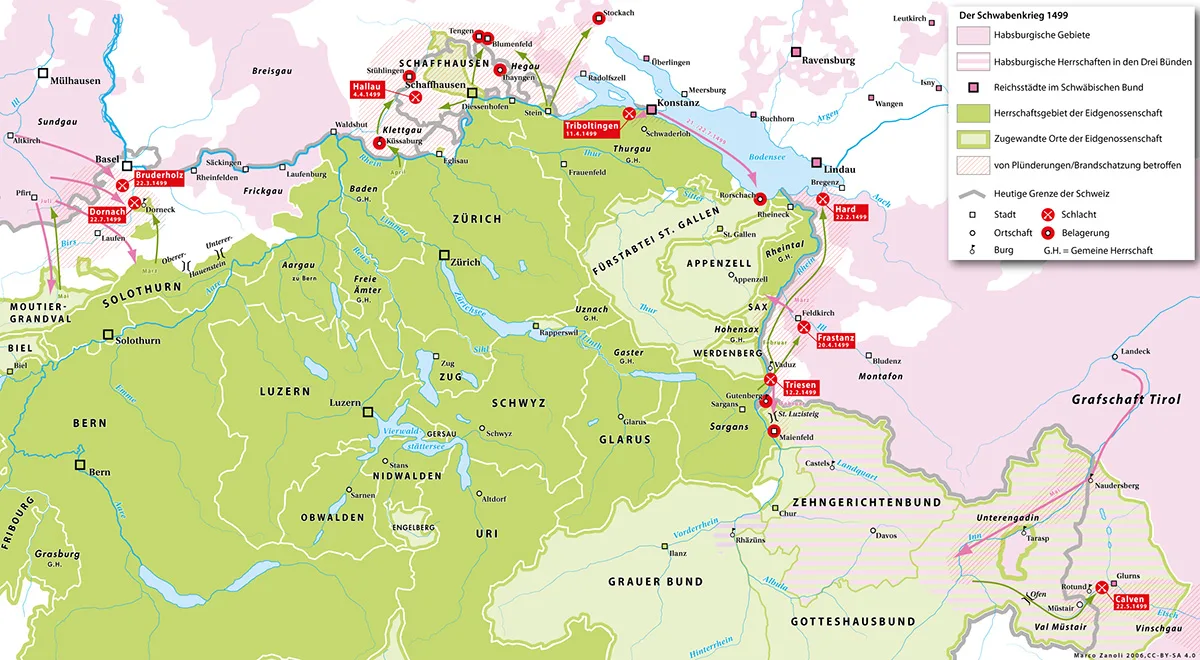 Gebiet und Schauplätze des Schwabenkriegs.