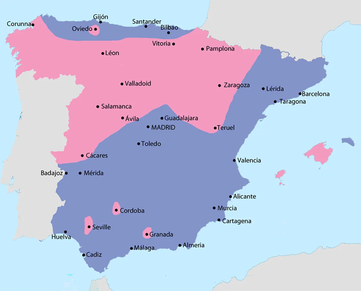 Karte Spaniens im Juli 1936. Die von Franco kontrollierten Gebiete sind rosa eingezeichnet.